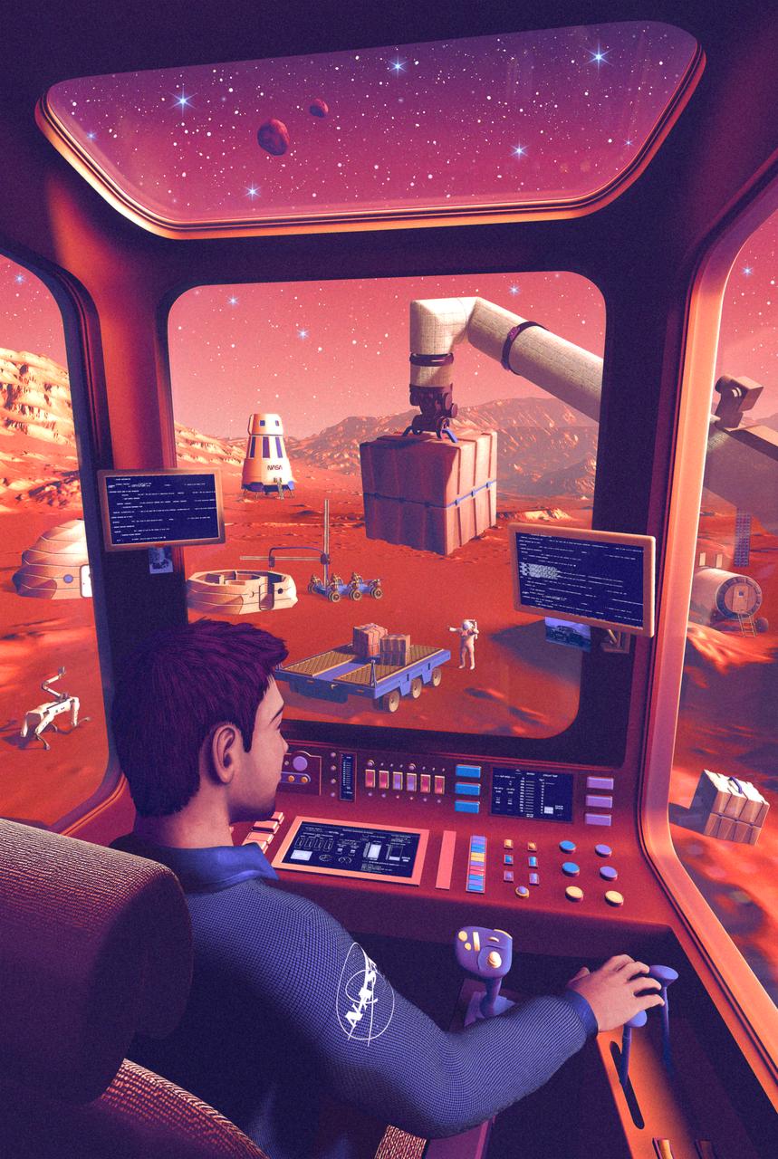 This illustration of Moon to Mars operations shows an astronaut piloting a robotic arm to manipulate cargo on Mars. NASA’s Moon to Mars Objectives establish an objectives-based approach to the agency's human deep space exploration efforts; NASA’s Moon to Mars Architecture approach distills the objectives into operational capabilities and elements.